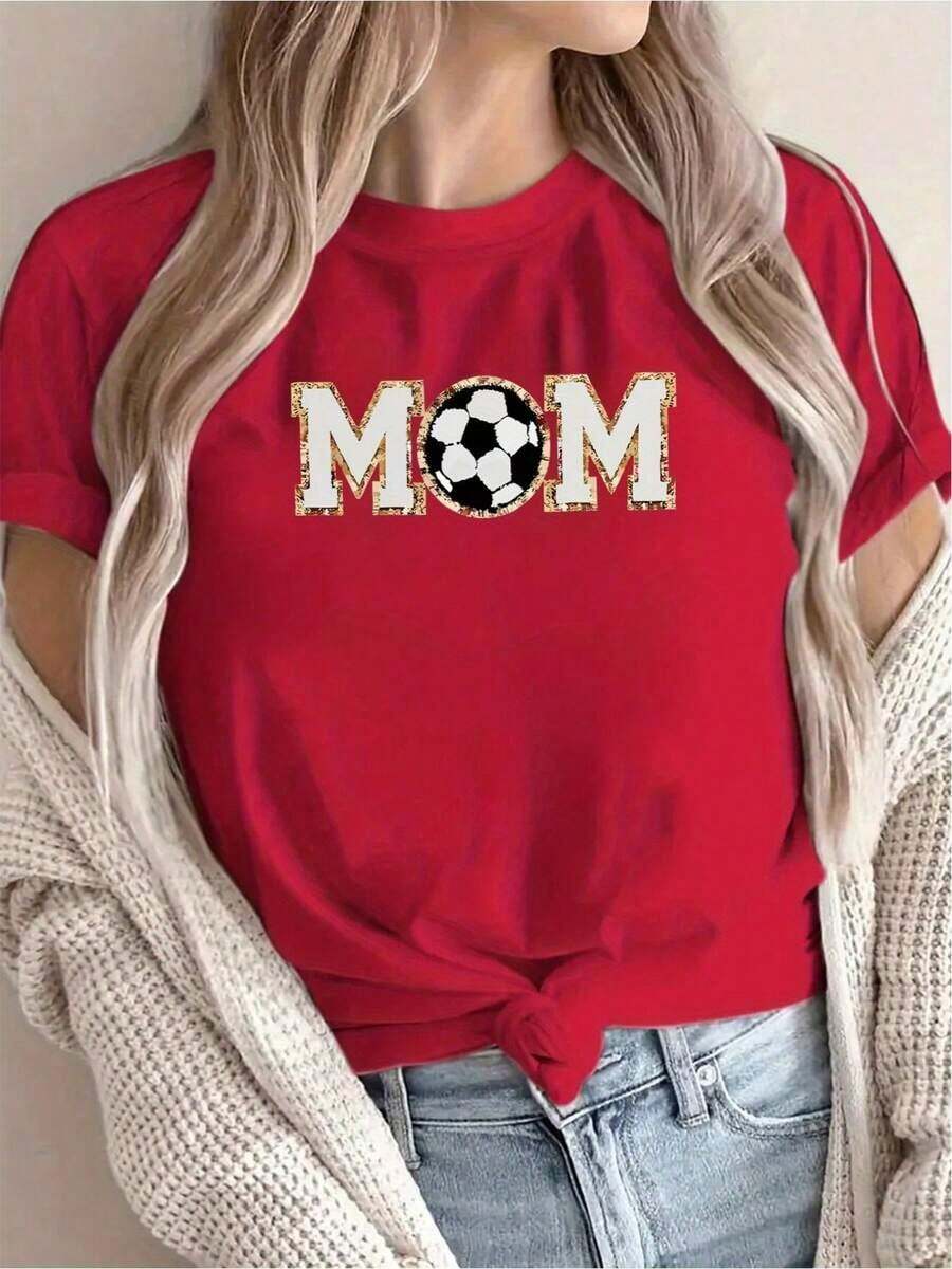 [New Arrival] Women's Soccer Mom Pattern Printed T-Shirt For Mother's Day, Casual, Vacation, Short Sleeve Crew Neck, Spring Summer, Machine Washable, New Fashion Women's, Versatile For Streetwear, Winter Sportswear For Women - Vintage Street Style Unisex Cotton Short Sleeve Crew Neck T-Shirt - 紅色的 - 查看 1