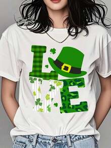 Women's Crew Neck T-Shirt With Leprechaun Hat And Shamrock Print To Celebrate St. Patrick's Day - 白色 - 查看 1