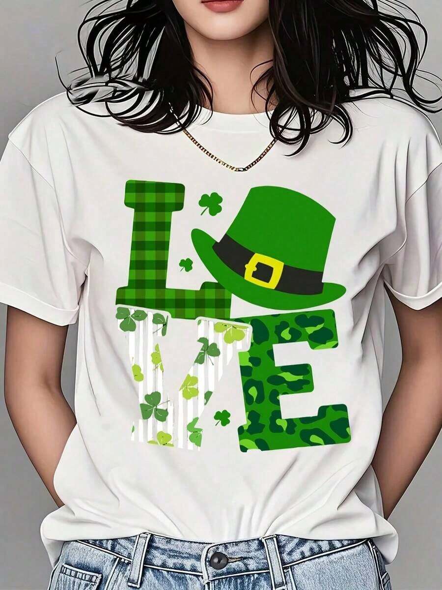 Women's Crew Neck T-Shirt With Leprechaun Hat And Shamrock Print To Celebrate St. Patrick's Day - 白色 - 查看 1