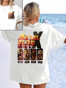 Graphic Inspired By A Classic Video Game With Fiery Metallic Lettering And Cartoonish Portraits That Evoke Bravery, Adventure, And Action. Double-Sided Printed Women's T-Shirt, Casual And Modern. - 白色 - 查看 8
