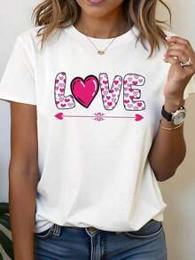 1 Piece Women's T-Shirt With LOVE Graphic Print, Short Sleeve, Round Neck, Casual Top For Spring And Summer, Women's Clothing, 180g 100% Cotton - 白色 - 查看 7