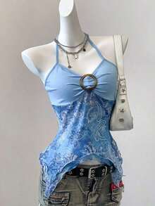 Blusa casual de mujer con cuello de corbata y estampado de anacardo, versátil para uso diario - Azul - Ver 9