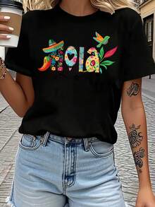 Camiseta de algodón puro estilo mexicano con estampado de letras coloridas "Hola", camiseta casual de manga corta y cuello redondo, ropa de verano para mujer. - Negro - Ver 7
