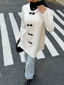 Abrigo grueso holgado de invierno para mujer, con capucha, bloqueo de color y estilo chino con botones - Albaricoque - Ver 6