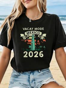 Women's Plus Size T-Shirt VACAY MODE Mexico 2026 - Short Sleeve Round Neck With Architecture And Culture Print, Casual Spring-Summer Blouse Ideal For Travel, Vacation, Casual Wear, Machine Washable - 黑色 - 查看 1
