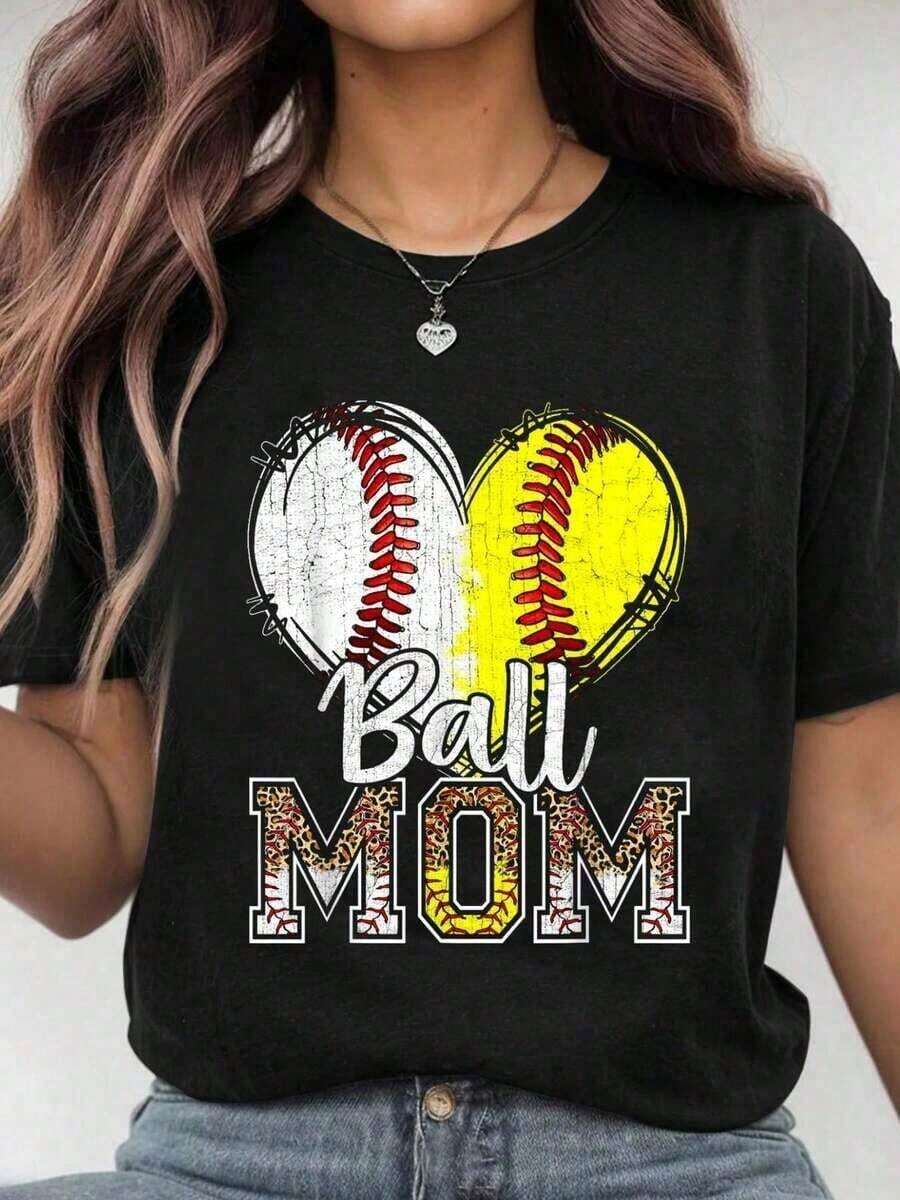 100% Cotton T-Shirt With Mom Heart Print, Baseball, Softball, For Women, Mother's Day, Graphic T-Shirt For Men And Women, Casual Style, Vintage Urban Style, Unisex, Loose Fit, Cotton, Short Sleeve, Crew Neck, 100% Pure Cotton - 黑色 - 查看 1