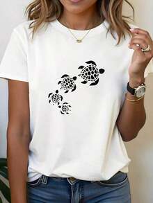 New Arrivals For Summer. White Short-Sleeved Crew Neck T-Shirt With Sea Turtle Print - Machine Washable, Suitable For Spring, Summer, And Fall, Casual Style, Comfortable Fit, Versatile Design For Everyday Wear. Blouse, Shirt > Beautiful. - 白色 - 查看 3
