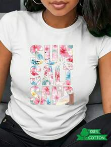 Camiseta de Cuello Redondo para Mujer con Estampado de Letras de Anime, Diseño Sencillo, Cómoda y Transpirable, Adecuada para Uso Diario Casual y Versátil, que Muestra un Estilo Fresco de Verano, Esencial para Fiestas, Envío Local, Patrón de Letras SUN y SALT. - Blanco - Ver 7