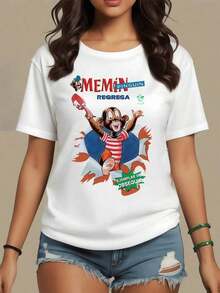 A Cheerful Character With A Playful Expression Jumps Through The Background While Holding A Hat, Conveying Positive Energy And Optimism. Women's Casual, Comfortable T-Shirt For Everyday Wear - Vintage Street Style Unisex Loose Cotton Short Sleeve Crew Neck Shirt - 白色 - 查看 7