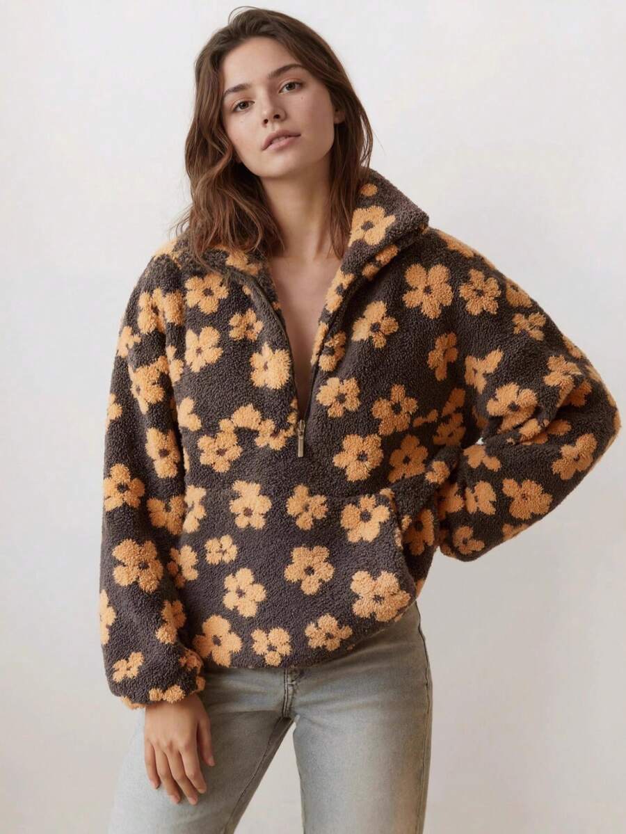 Chaqueta manga larga pelo de cordero diseño floral corte holgado para mujer - Amarillo - Ver 1