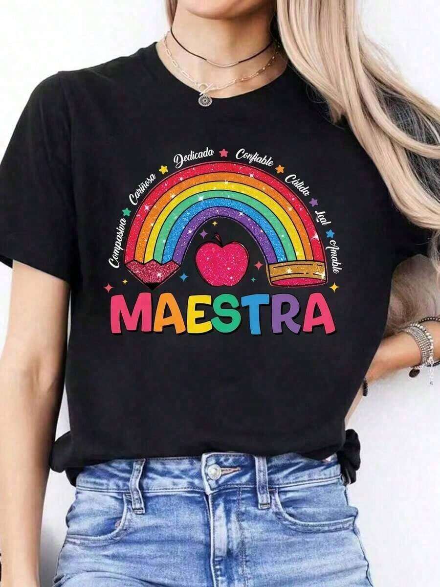 Women's Black Short Sleeve Casual T-Shirt - "Teacher" Design With Rainbows, Hearts And Stars In Appreciation Of Teachers - Soft And Stretchy Round Neck Top For Spring/Summer, Educational Shirts, Fun Clothing, Flexible Fabric - 黑色 - 查看 1