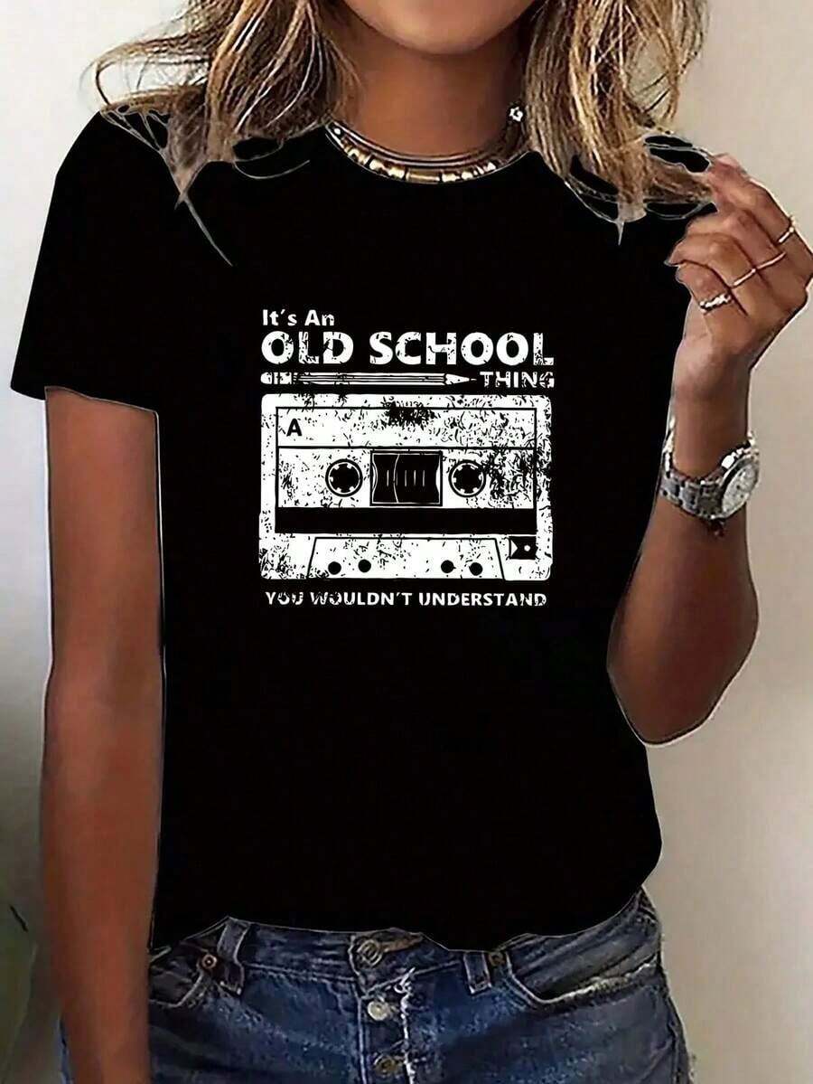 Women's Casual Short Sleeve T-Shirt With Magnetic Tape Print And Round Neck - Unisex Urban Vintage Style, Loose Fit 100% Pure Cotton T-Shirt - 黑色 - 查看 1
