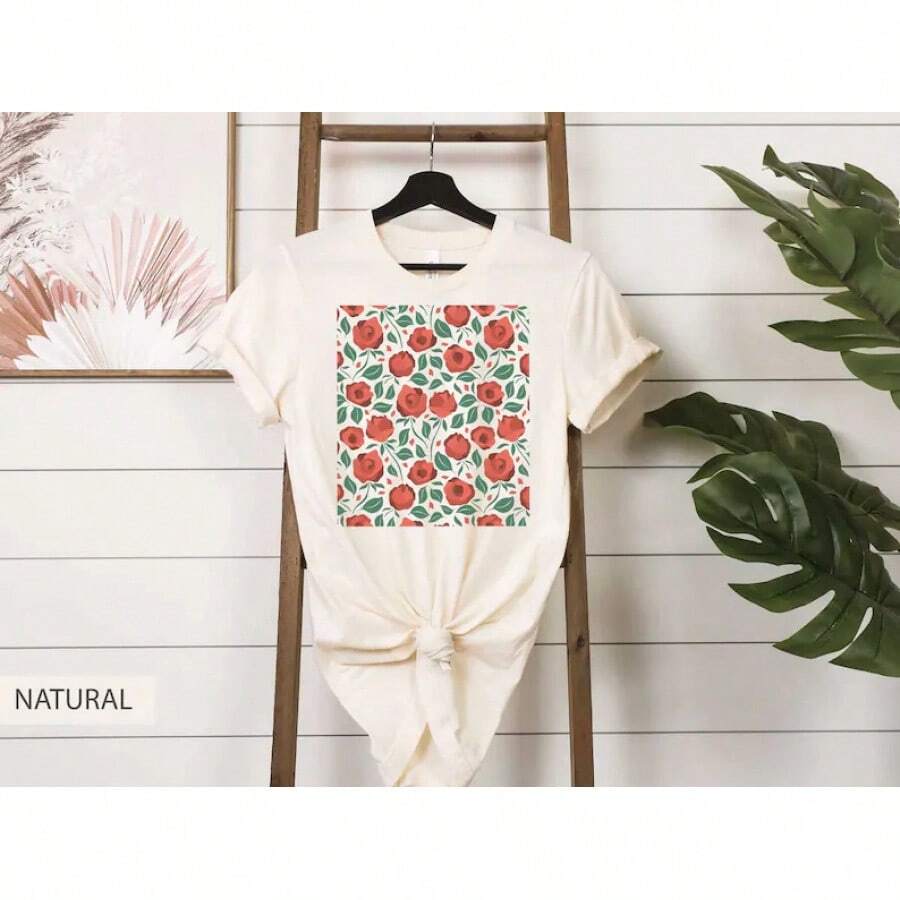 Rose T-Shirt, Rose Graphic Print T-Shirt, Floral Rose T-Shirt, Flower Print T-Shirt, Rose Design T-Shirt, Red Rose T-Shirt, Rose Graphic T-Shirt, Women's Blouses > Ladies' Blouses - 白色 - 查看 1