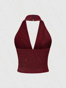 corto de camisola de punto metálico con lentejuelas para mujer, top sexy de espalda descubierta y ajustado al Body - Burdeos - Ver 2
