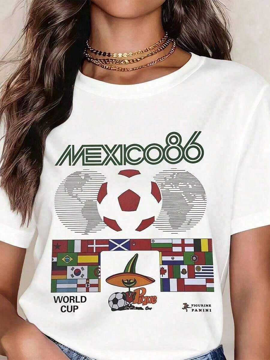 1pc White T Shirt Mexico 86 World Cup Football Graphic Print Casual Wear For Women And Men, Soft Cotton, Round Neck, 100% Cotton, Soft Fabric, Short Sleeve, Breathable And Cool - 白色 - 查看 1