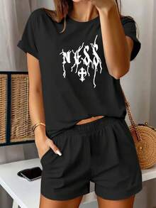 Mujer 002y007 |   2 piezas |   Camisa de manga corta con pantalones cortos |   Conjunto Casual de Camiseta y Pantalones Cortos para Mujer con Estampado - Negro - Ver 1