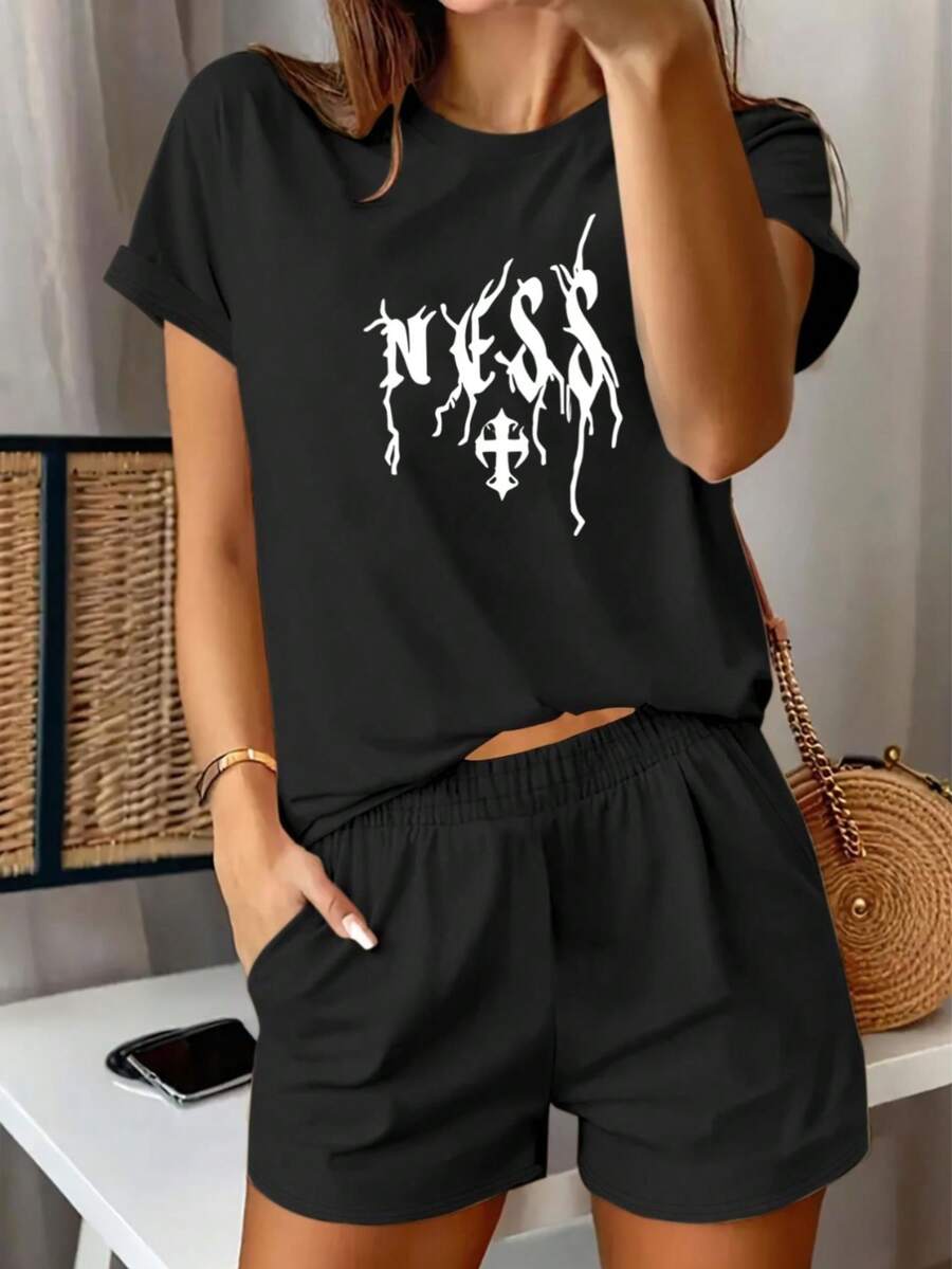 Mujer 002y007 | 2 piezas | Camisa de manga corta con pantalones cortos | Conjunto Casual de Camiseta y Pantalones Cortos para Mujer con Estampado - Negro - Ver 1