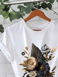 Camiseta Mujer Manga Corta Cuello Redondo, Estampado Verde y Dorado, Corte Regular, Tela Suave Transpirable, Lavable a Máquina, Ropa Primavera Verano 2. - Blanco - Ver 3