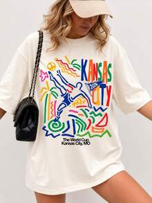 Kansas City World Cup 2026 Shirt, Kansas City MO Soccer Tee. Women's Fashionable Casual T-Shirt With Creative Print, Short Sleeve, Round Neck, For Spring And Summer. Festive Celebration Shirt, Party Wear Top - 彩色 - 查看 1