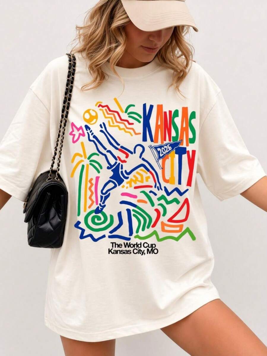 Kansas City World Cup 2026 Shirt, Kansas City MO Soccer Tee. Women's Fashionable Casual T-Shirt With Creative Print, Short Sleeve, Round Neck, For Spring And Summer. Festive Celebration Shirt, Party Wear Top - 彩色 - 查看 1