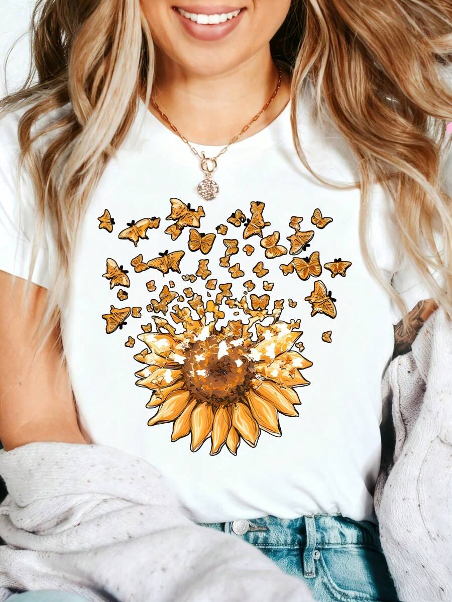 Sunflower Butterfly Graphic T-Shirt, 100% Cotton Oversized Soft Breathable Casual Crewneck Short Sleeve Top, Summer Vibes Aesthetic Tee For Women & Nature Lovers - 白色 - 查看 1