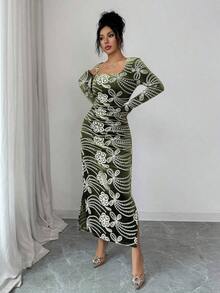 Vestido con estampado floral de primavera y verano, vestido elegante de manga larga transparente con dobladillo de sirena ajustado para festival de música, boda, fiesta, vestido de paseo - Verde - Ver 6