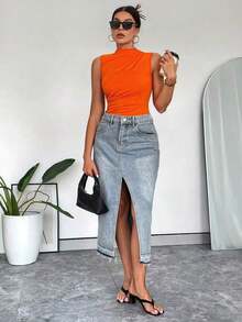 Body sin mangas para mujer con cuello alto y pliegues casuales de verano - Naranja - Ver 5