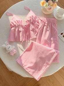 casual de 2 piezas de mujer con rayas tejidas, para primavera/verano - Rosa - Ver 1