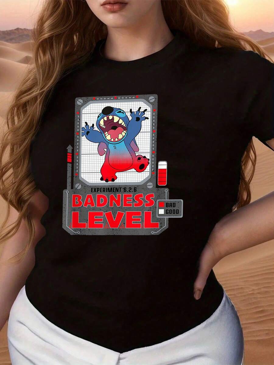 Fun Graphic Showing A Smiling Blue Character Raising Its Mischievous Level With Positive Energy, Indicating The Duality Between Good And Evil, Symbolizing Freedom And Modern Humor. Comfortable Casual Women's T-Shirt For Everyday Wear. - Black - View 1