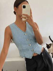 Chaleco vaquero casual con cuello en V para mujer - Lavado ligero - Ver 5