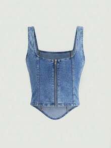 Parte superior de tirantes anchos y cierre trasero de mezclilla casual negra para mujer - Azul lavado medio - Ver 2
