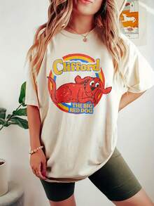 Women's Loose Fit T-Shirt With Clifford The Red Dog Print, Short Sleeve And Round Neck, Casual And Comfortable, Gray With Red And Yellow Design - 杏色 - 查看 4