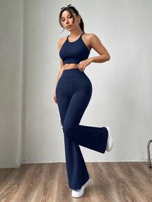Pantalones de mujer negros tejidos ajustados y acampanados, de moda y versátiles - Azul marino - Ver 4
