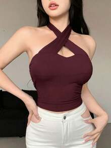 Designer Camiseta de tirantes ajustada de unicolor con cuello halter para mujer, top de verano para salir - Burdeos - Ver 2