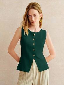 Knit Blouse – Round Neck, Front Buttons – Elegant And Minimalist Design – Perfect For Everyday Wear - 深綠色 - 查看 5
