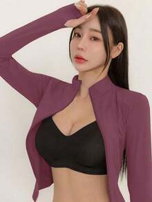 Chaqueta de manga larga de cuello alto elástico de unicolor entallada, ropa deportiva y casual, primavera/otoño - Rosa Fucsia - Ver 5