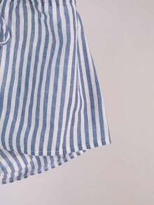 Parte superior de camisa de tirantes con cuello halter a rayas, camiseta de gráficos de verano para mujer - Celeste - Ver 8