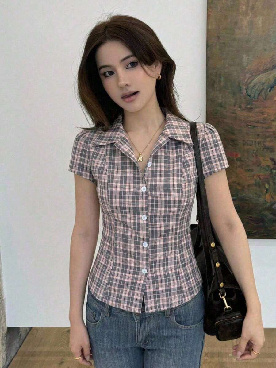 Blusa blanca de manga corta ajustada con cuello para mujer, de unicolor, para el verano - Rosa 3 - Ver 1