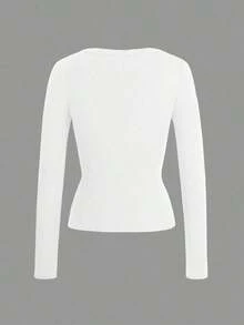Top de punto ajustado y sexy para mujer, manga larga, cuello en V, color sólido, camiseta casual de primavera, blanca. - Blanco - Ver 4
