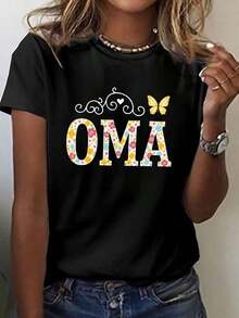 1 Piece, Classic And Versatile Pure Cotton Short-Sleeved T-Shirt, Suitable For Any Season, With OMA Floral Design For Women, Modern Style - Black - View 1
