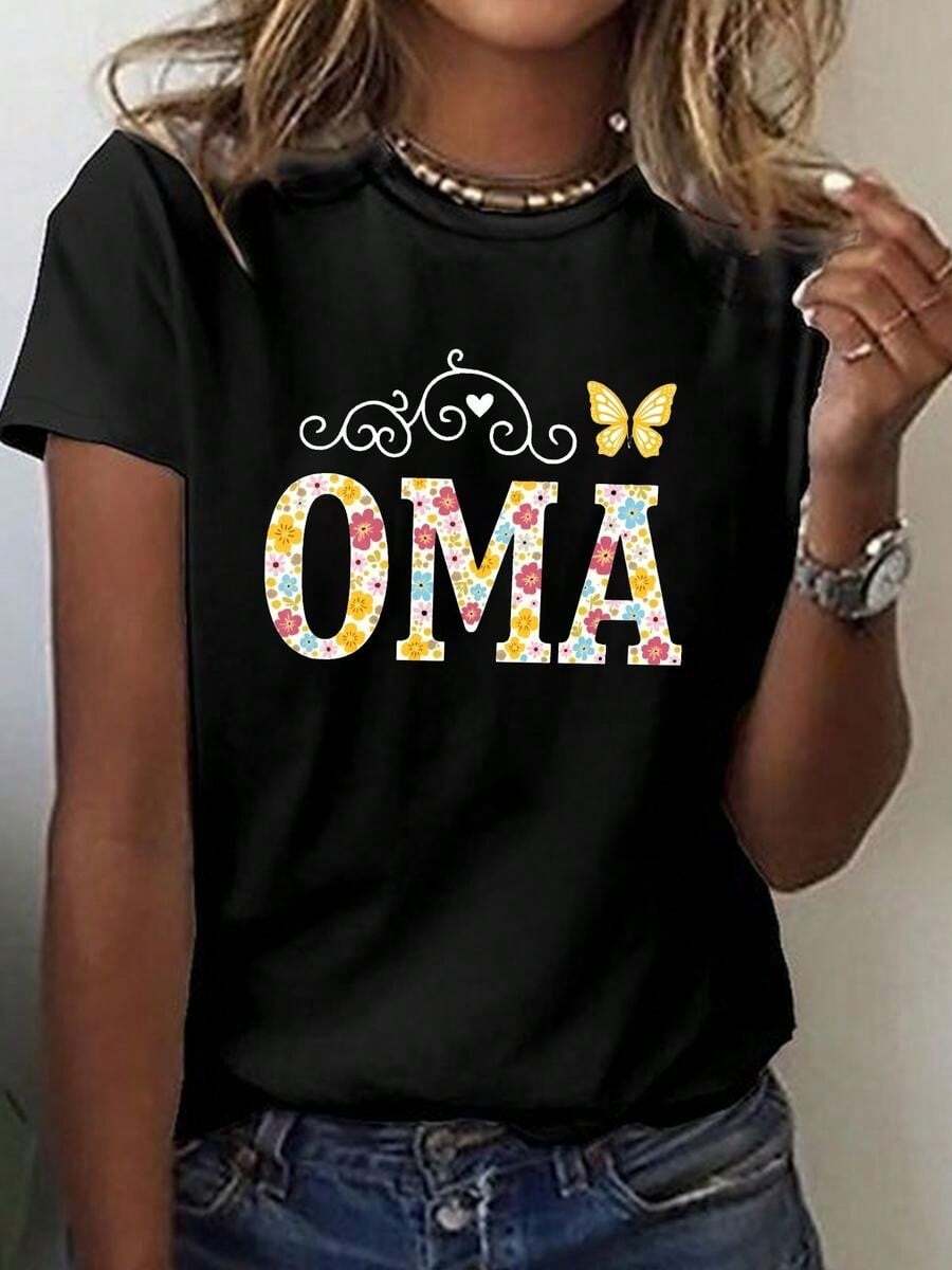 1 Piece, Classic And Versatile Pure Cotton Short-Sleeved T-Shirt, Suitable For Any Season, With OMA Floral Design For Women, Modern Style - Black - View 1