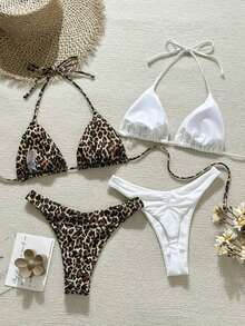 Swim Vcay Nuevo conjunto de bikini con múltiples piezas, de tiras de espagueti, corte alto y estampado de leopardo y unicolor - Multicolor 2 - Ver 2