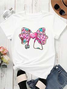 1 Piece Of Women's Round Neck T-Shirt With Colorful Bow, Stethoscope And Heart Print, Short Sleeve, Casual Everyday Wear, 180g, 100% Cotton. - 白色 - 查看 3