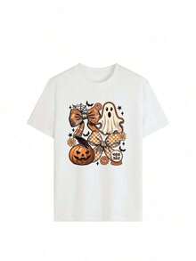 Halloween, Day Of The Dead Women's Plus Size Graphic T-Shirt - Pumpkin And Bat Print, Loose Fit With Short Sleeves And Crew Neck, Breathable Sweat-Wicking Fabric, Unisex Gift For Spring, Summer And Year-Round Wear - 多色白色 - 查看 2
