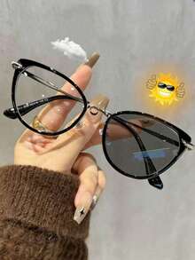 1 Pair Women's Fashionable Retro Brown Cat Eye Metal Glasses - Mocha Brown (gray Flakes) - View 11