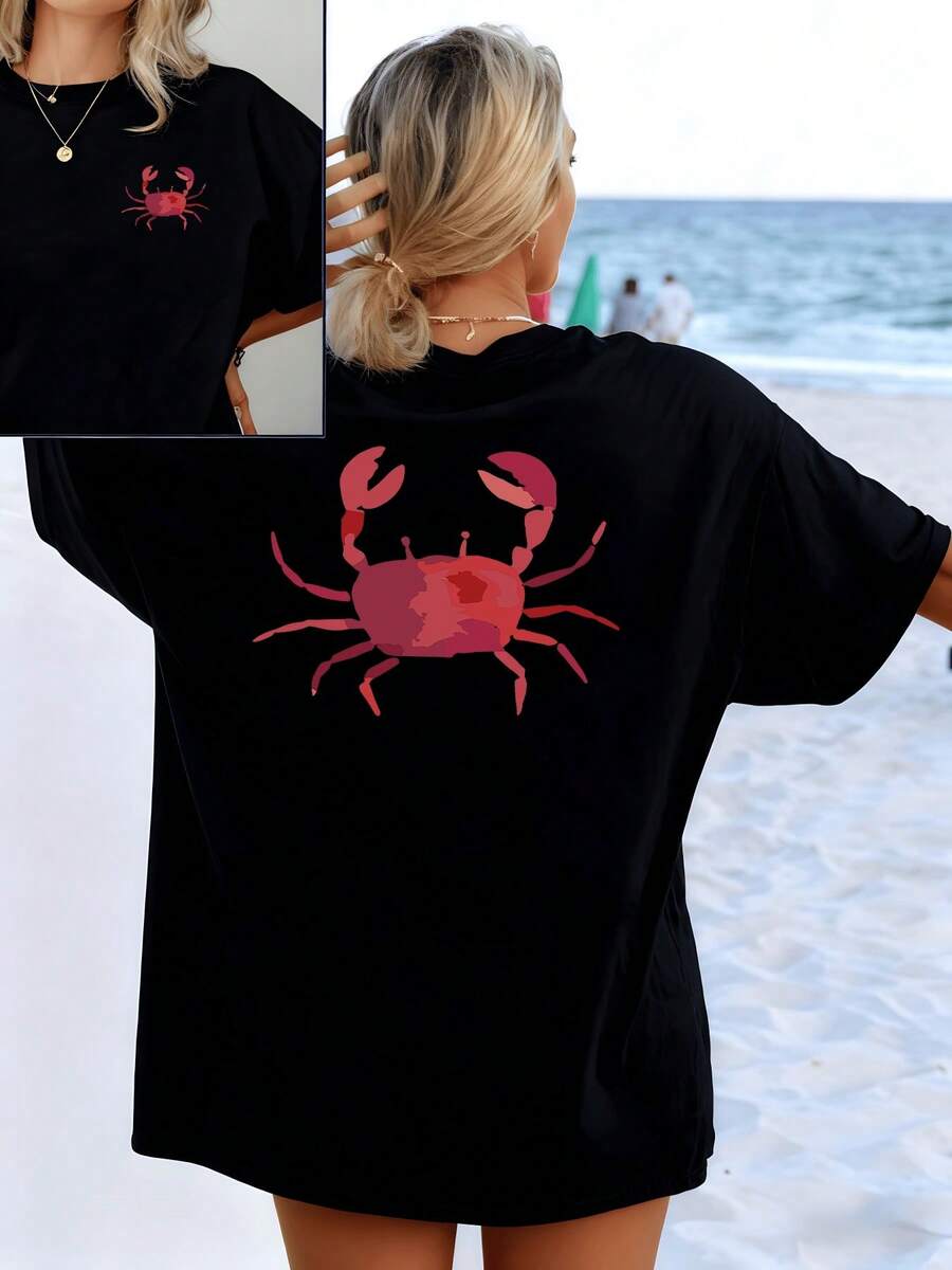 Red Crab, Symbol Of Marine Energy And Connection With Nature, Evoking Freedom And Inner Strength. Ideal For Days By The Sea. Women's T-Shirt With A Casual And Comfortable Double Print. - 黑色 - 查看 1