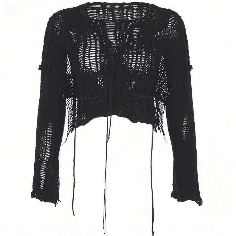 Suéter de punto Grunge con cuello oblicuo para mujer, jersey rasgado con agujeros, Top corto Harajuku, jerséis sexys calados para verano que combinan con todo - Negro - Ver 1