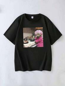 Women's Plus Size T-Shirt With A Fun Chef Cat Graphic, Casual Summer Top, Suitable For Everyday Wear, Going Out, Parties, School, Music Festivals, Vacations, And Everyday Wear. It Can Be A Gift For Family, Boyfriend, Girlfriend, Or Friends. Summer Clothes For Girls In Black. - 黑色 - 查看 2