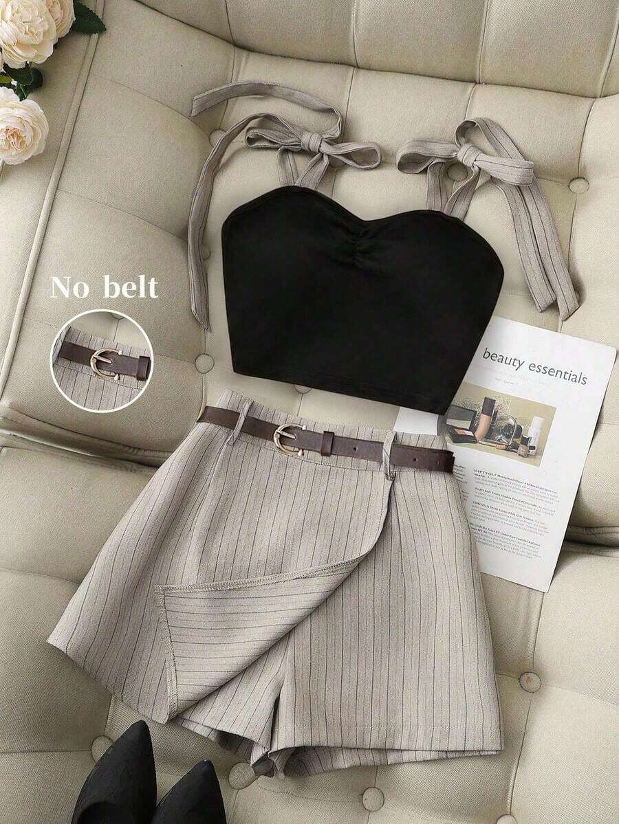 Nuevo conjunto de verano sexy de 2 piezas con top corto de tirantes finos y lazo delantero en contraste + shorts caqui, falda corta con cinturón, conjunto de 2 piezas de primavera/verano para mujer, conjunto casual de verano para mujer, conjunto - Multicolor 2 - Ver 1