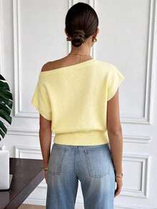 Suéter casual de manga corta con cuello asimétrico y aplicaciones florales para mujer - Albaricoque - Ver 10